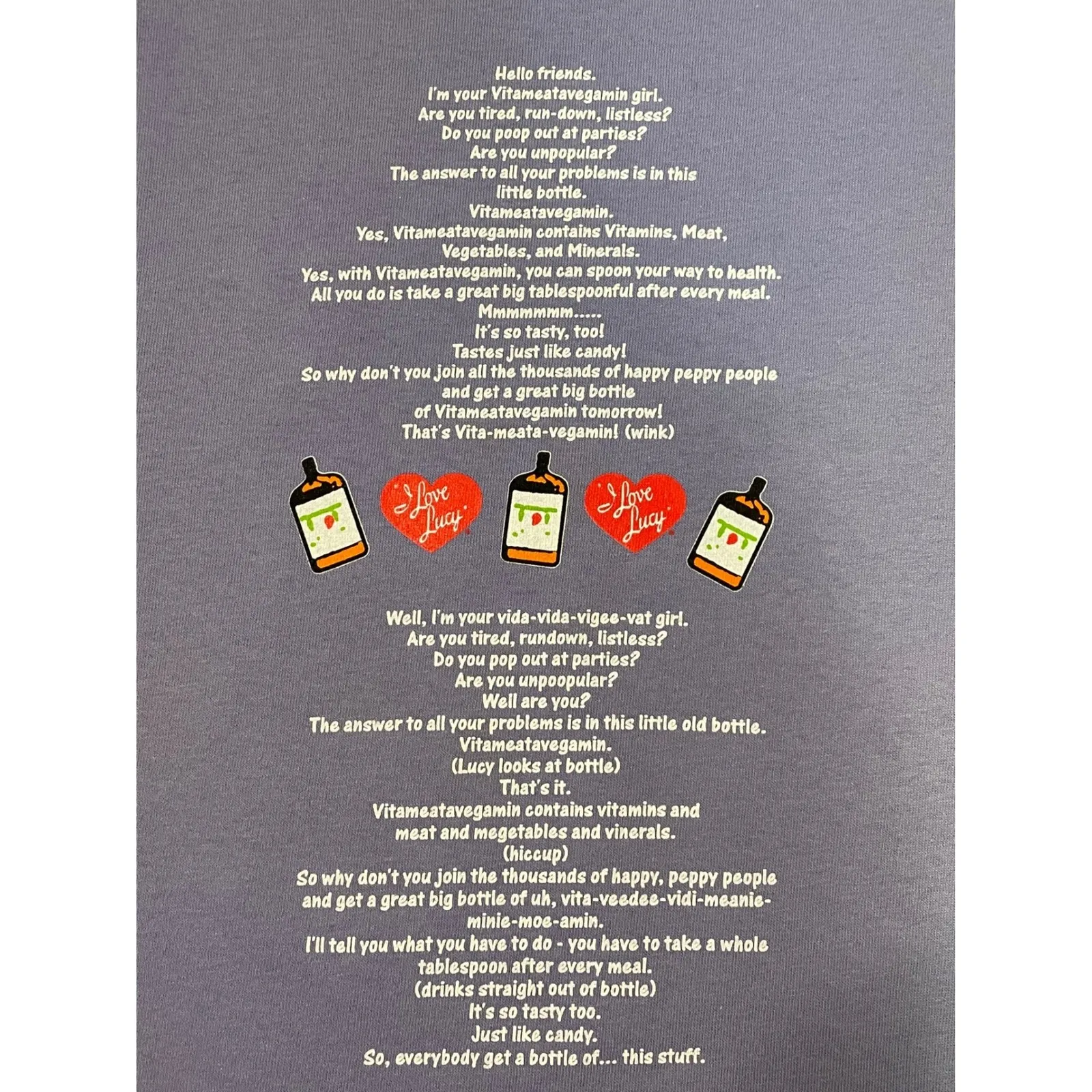 Vintage I Love Lucy Vitameatavegamin Graphic Purple V Neck Short Sleeve  Large - Image 6