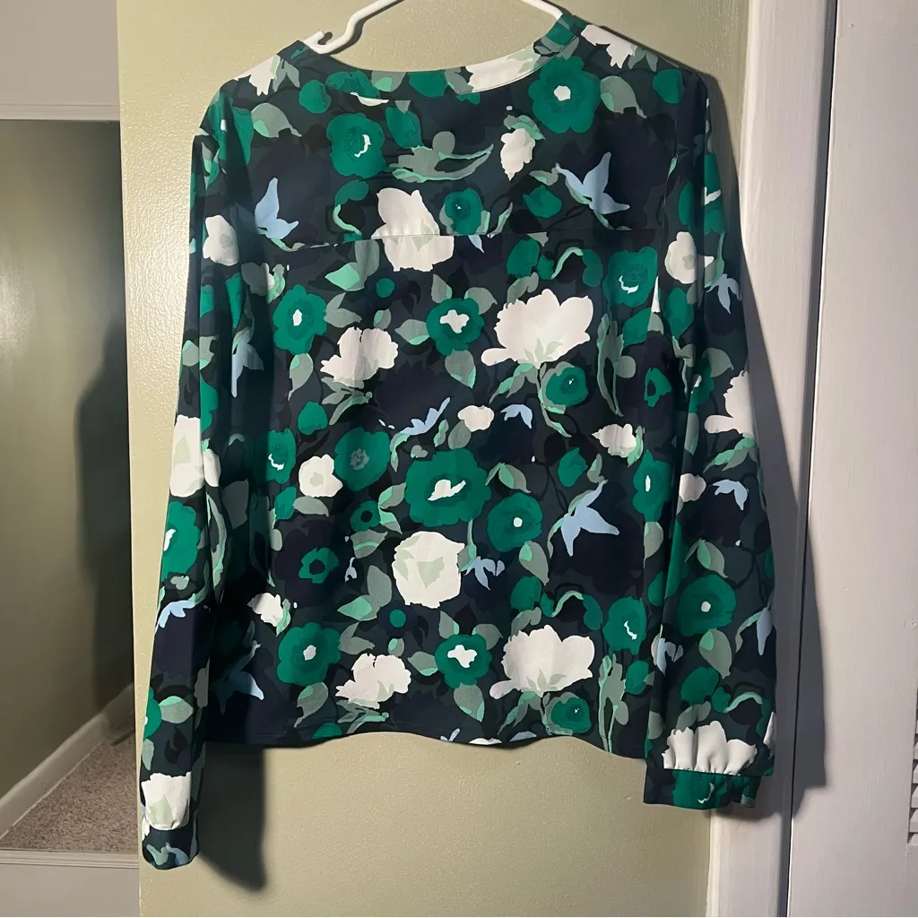 Merona Popover Blouse Navy Blue Green White Floral XL - Image 7