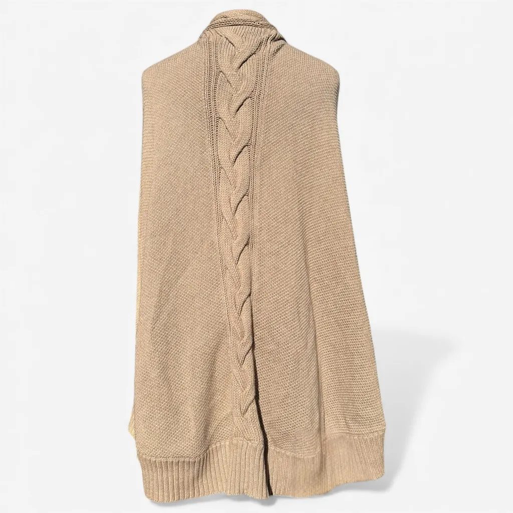 UGG Anjeline Knit Cape Poncho Sweater M/L Beige Braided Trim Cozy Layering Piece - Image 3