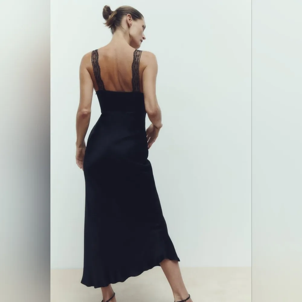 NWT Zara Satin effect V-neck dress with lace and wide straps. Front slit. Sz S - Image 2