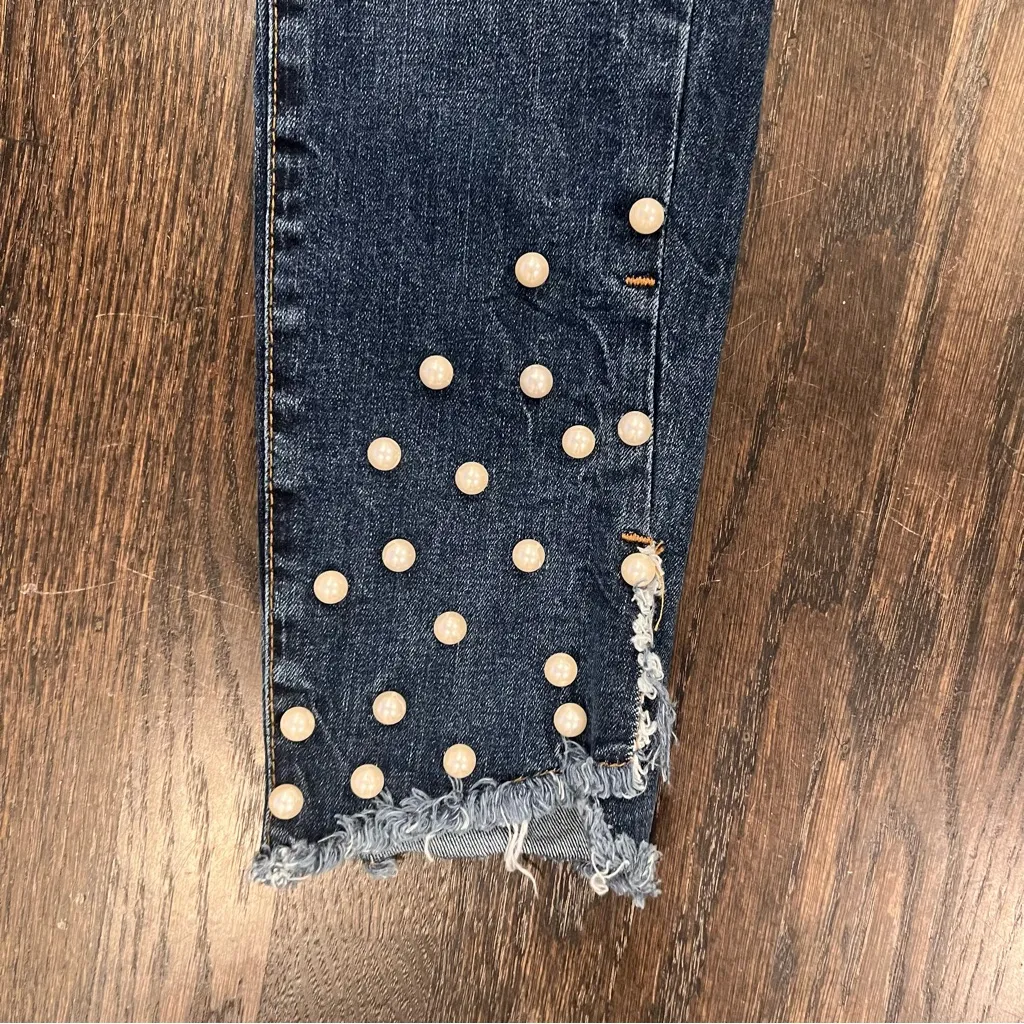 Zara Blue Straight Leg Jeans with Pearl Details Size 2 - Image 4
