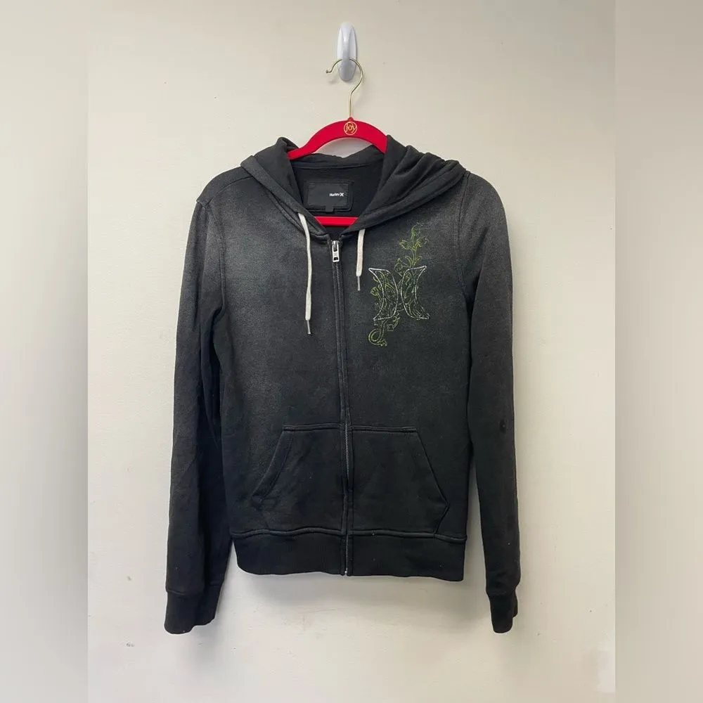 Womens Hurley 2000s Y2K Emo Grunge Grey H Floral Vines Zip Up Hoodie Size S - Image 2