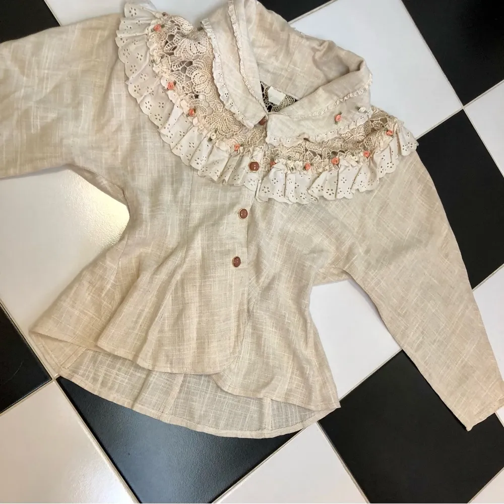 Vintage Maick Harold French Tiered Linen Ruffle Button Down Shirt Rosettes XS - Image 2