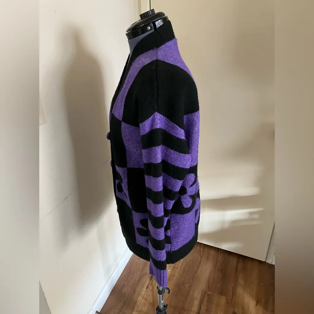 Zara Purple Black Checkered Flower Jacquard Knit Oversized Cardigan Sweater S - Image 3