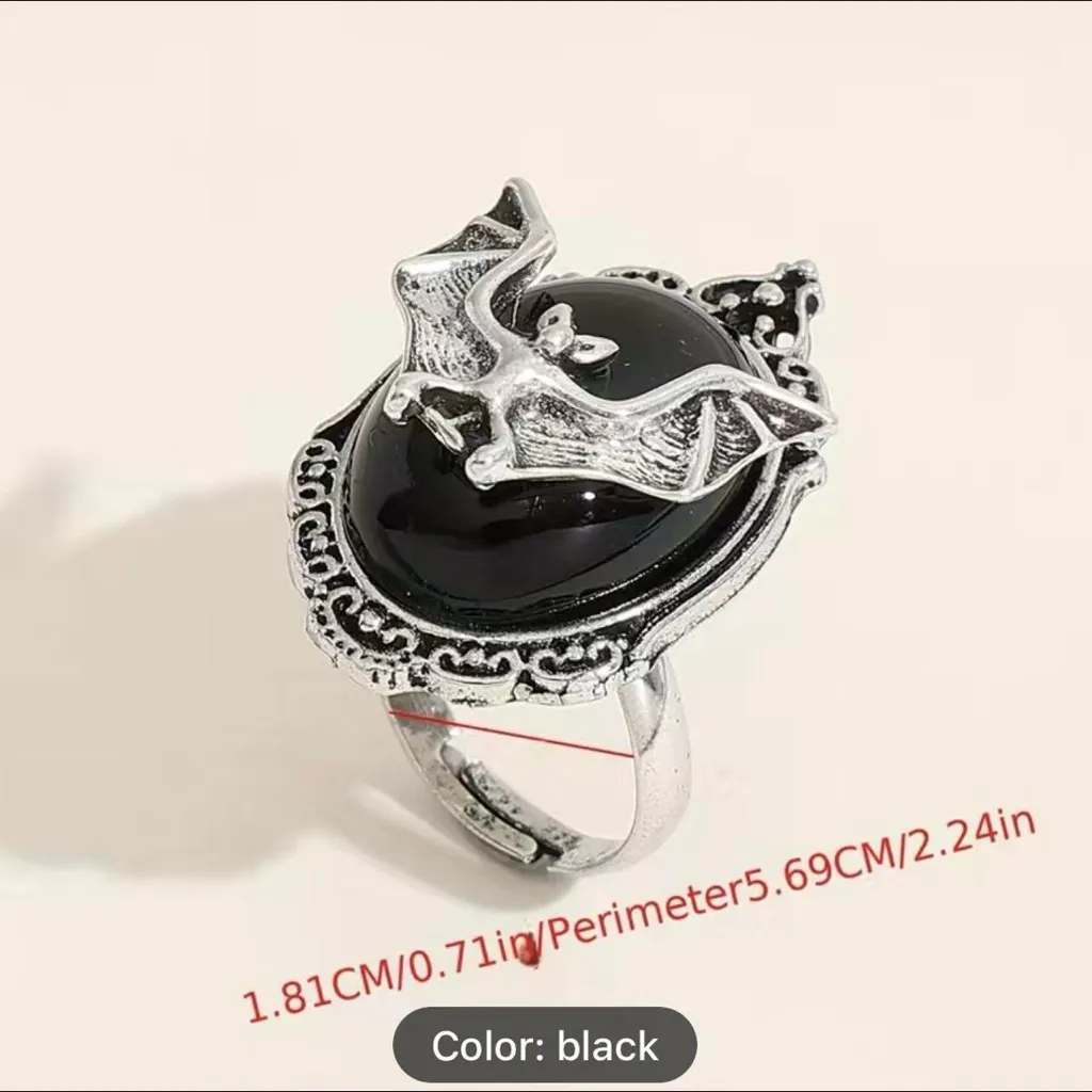 Bat Black‎ Faux Gemstone Open Finger Adjustable Ring Silver Plated Faux Fashion - Image 5