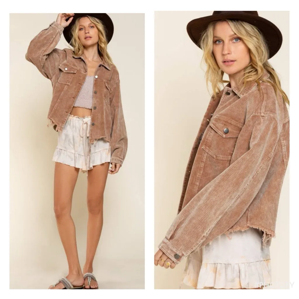 POL Frayed Hem Vintage Inspired Teddy Bear Brown Cropped Corduroy Jacket S - Image 13