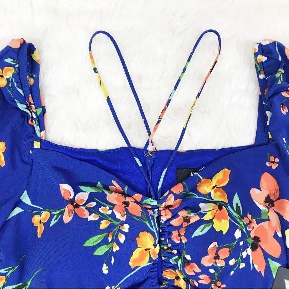 GUESS Blue Floral Cutout Bodycon Dress Long Sleeve‎ Knee Length Slit Size 10 New - Image 5