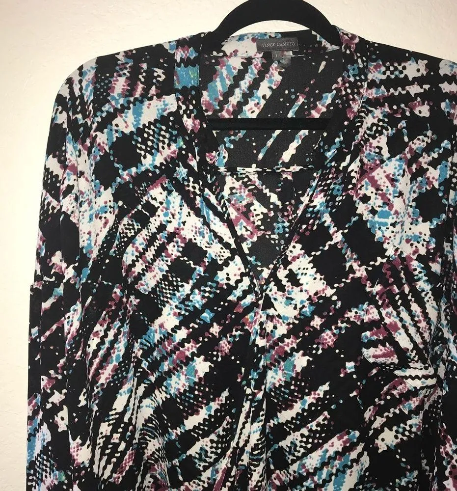 Vince Camuto Blouse Patterned Black w/ Pink Blue White Surplice Neck Sz L EUC - Image 2