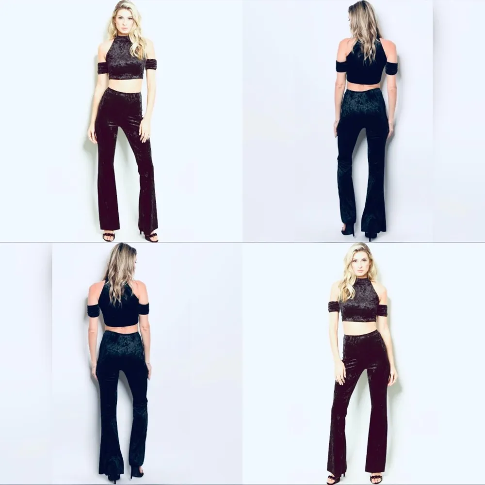 Womens Black Velvet Two-Piece Set Cozy Sexy High Waist Long Pants Lounge - Image 2