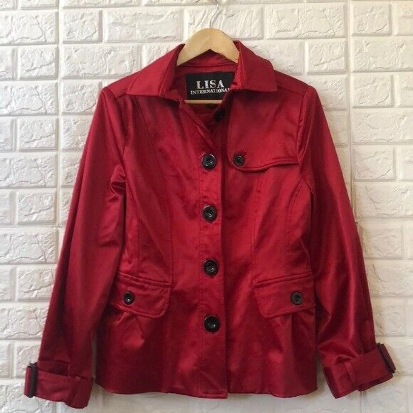 Lisa international cranberry shiny Button‎ Up coat Women’s Size M Medium Red - Image 2