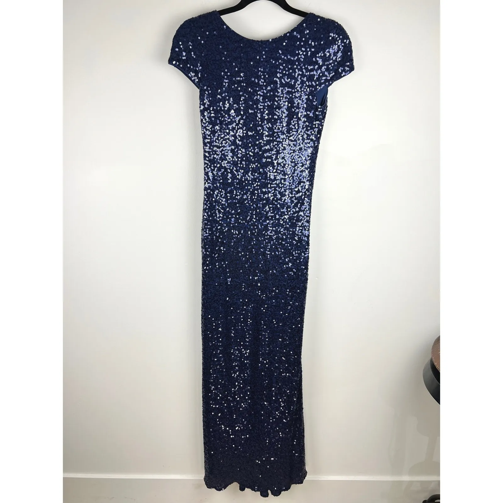 Badgley Mischka Collection Gown Navy Blue Sequin Draped Back Formal Evening 2 - Image 3