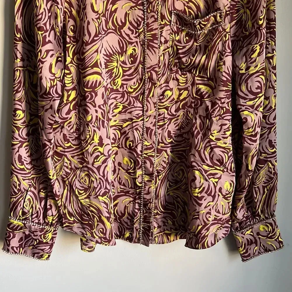 Cinq A Sept Purple Blanche Rhinestone Printed Button Front Top - Image 6