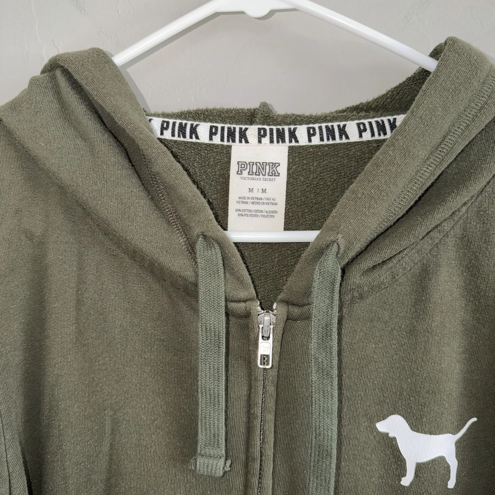 Y2K Victoria’s Secret PINK Zip Up Hoodie Army Olive Green Size M Puppy 2000’s Size M - Image 2