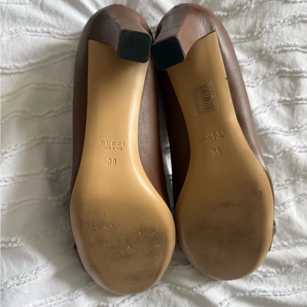 Gucci | Brown Leather Heeled Pumps with GG Buckle 38 Size 7 - Image 4