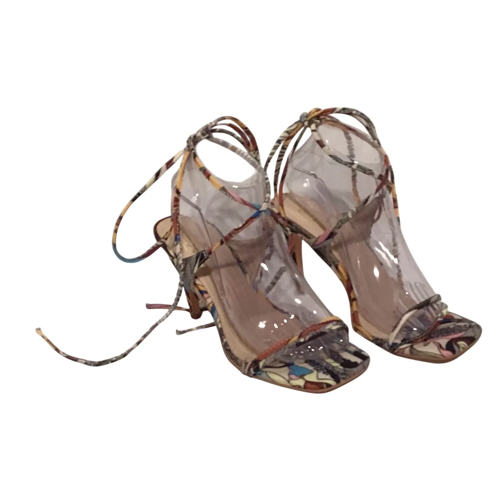 Lulus Wiley ivory Multi colored Square Toe Lace Up Sandals High Heels Size 8 New - Image 2