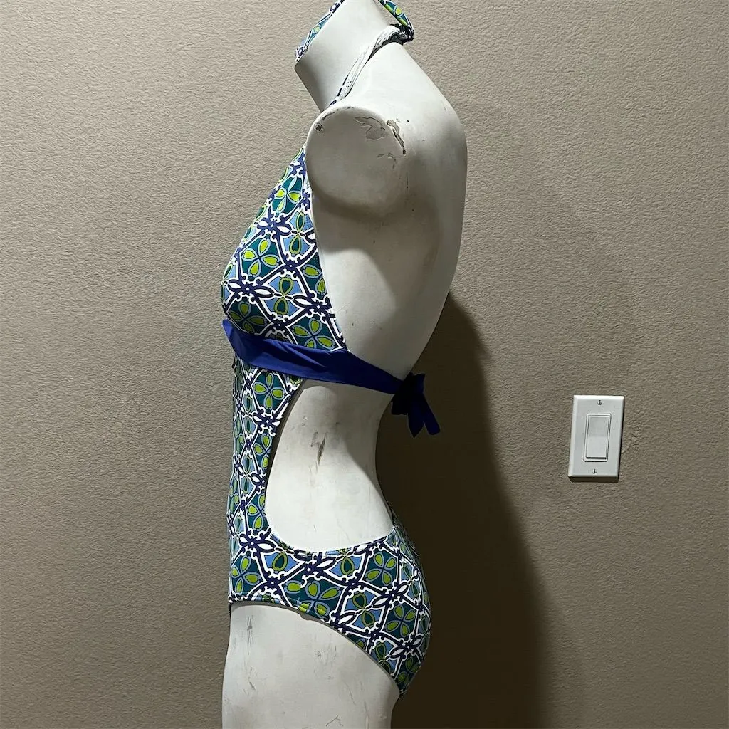 Merona Women's One Piece Swimsuit Size 8 Navy Green Geometric Print Halter - Image 4