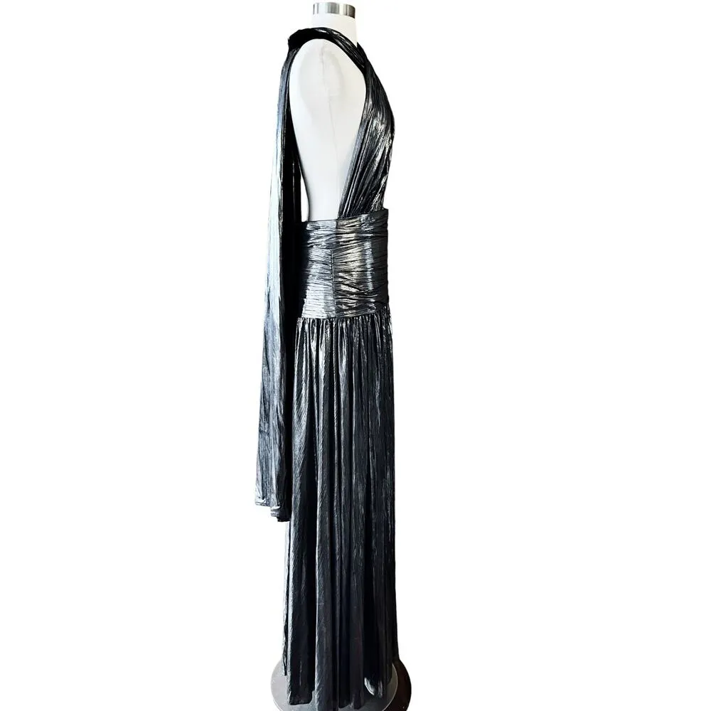 BRONX AND BANCO Metallic Dress Florence Halterneck Gown Cutout Gunmetal Gray 10 - Image 6