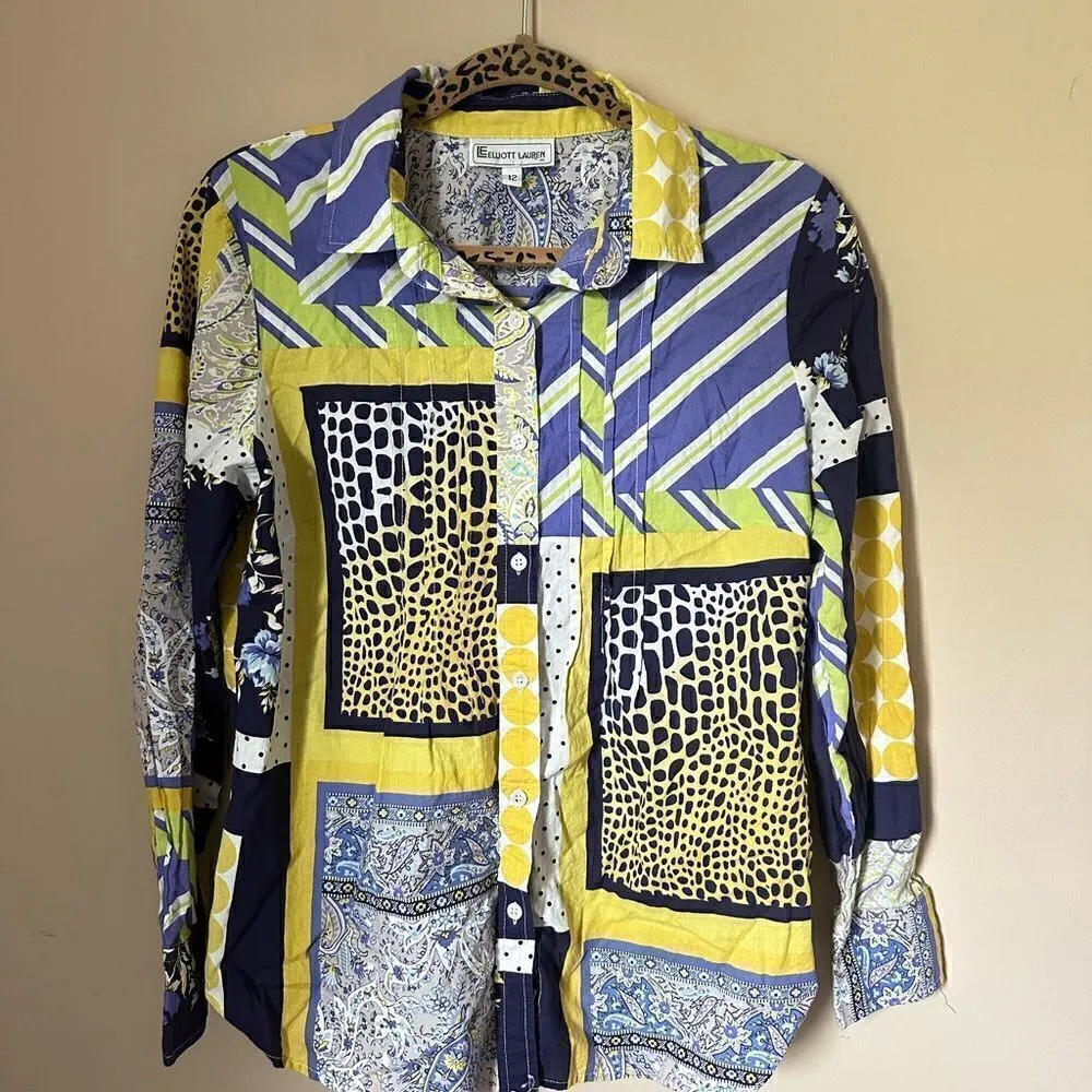 Vintage Elliott Lauren Funky Retro Mixed Print Button Up Top Yellow Size 12 - Image 5
