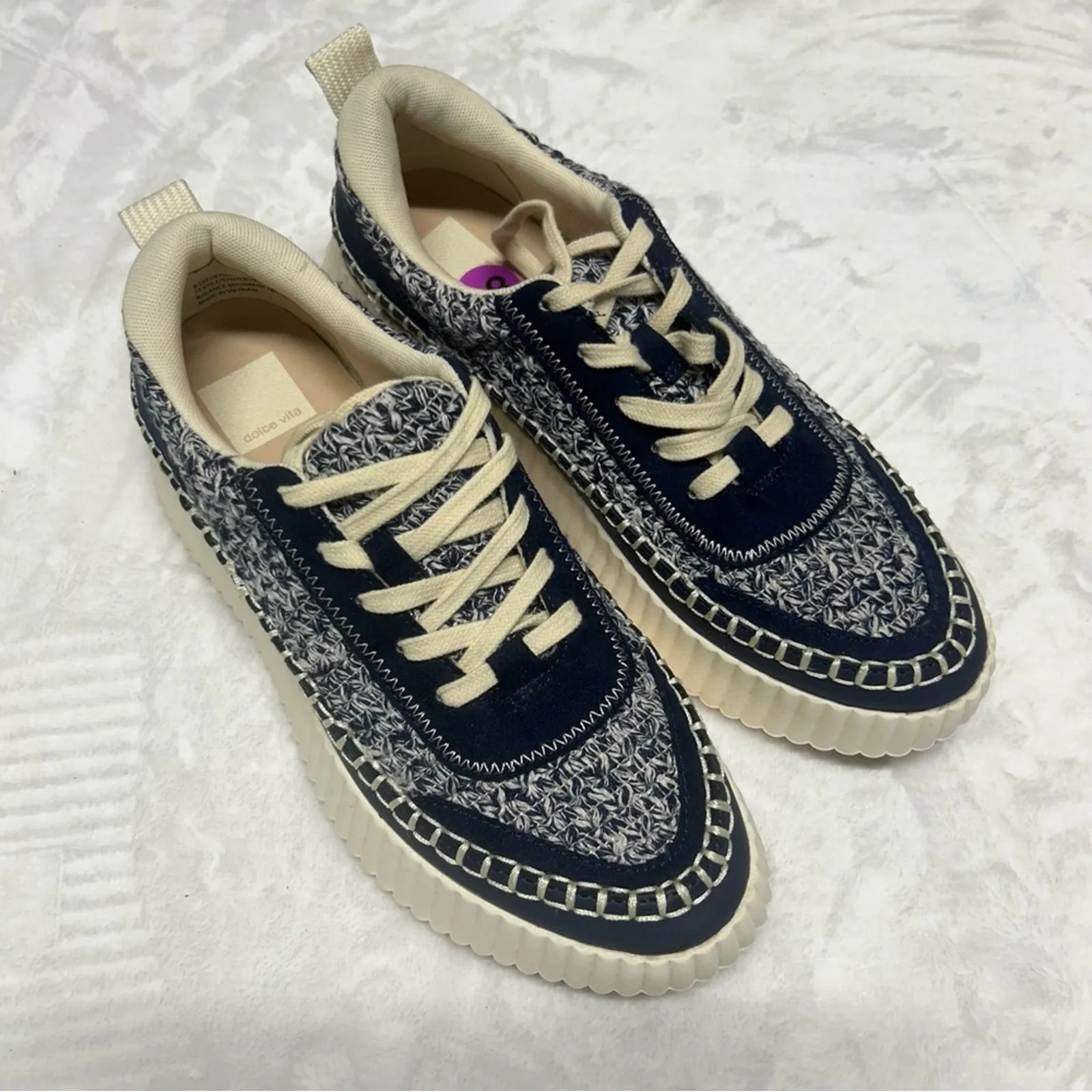 Dolce Vita Sneaker Lace Up Shoes White Blue Woven Elevated On Go Womens 8.5 NEW - Image 2