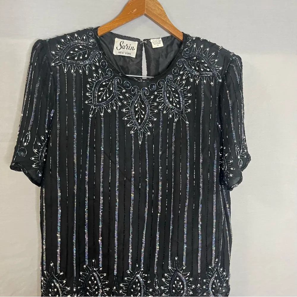 SARIN Vintage Black 100% Silk Formal Set Skirt Beaded Tacky 80s Size Medium - Image 3