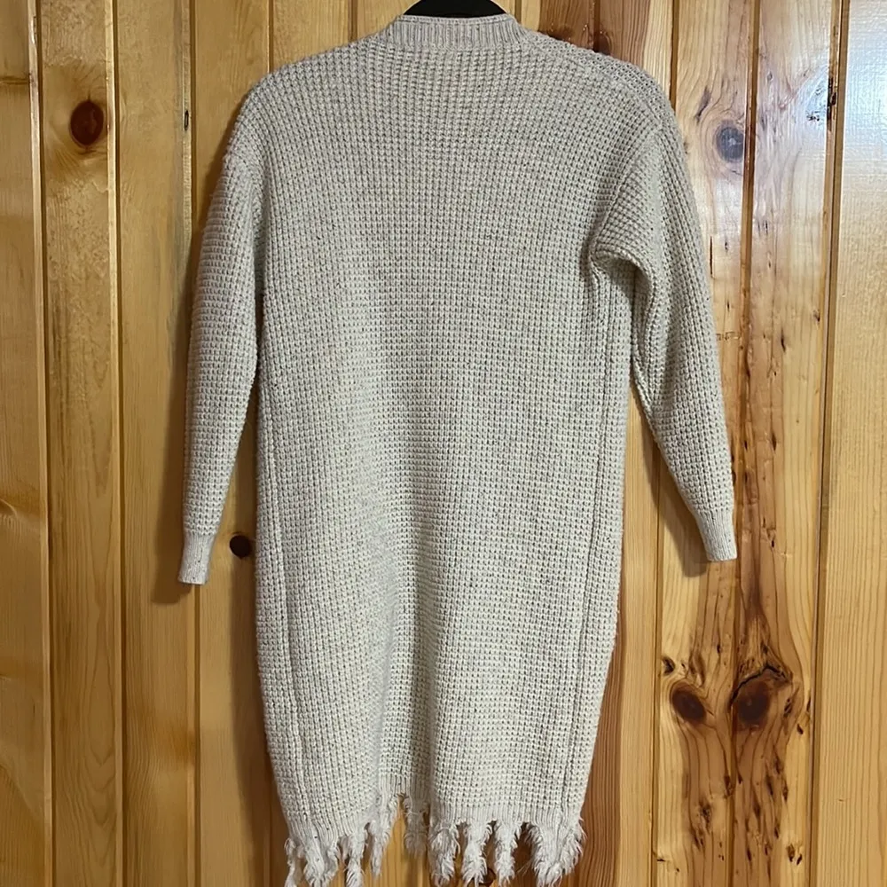 Bohme waffle knit long open front fringe cardigan - Image 3