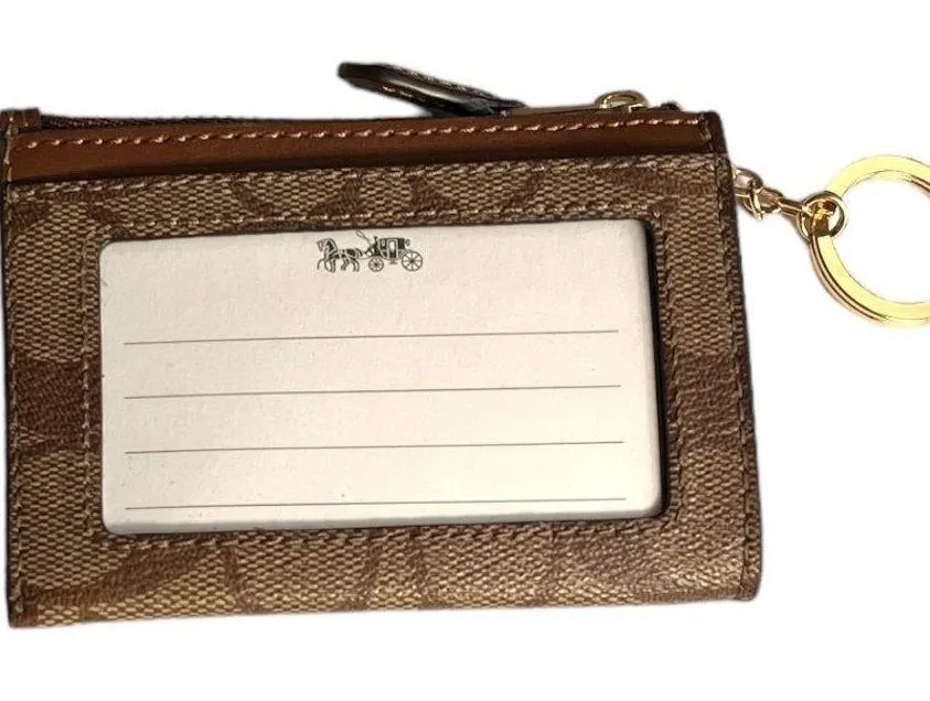 Signature Logo Credit Card Wallet Change Purse Keychain Tan Brown - Image 2