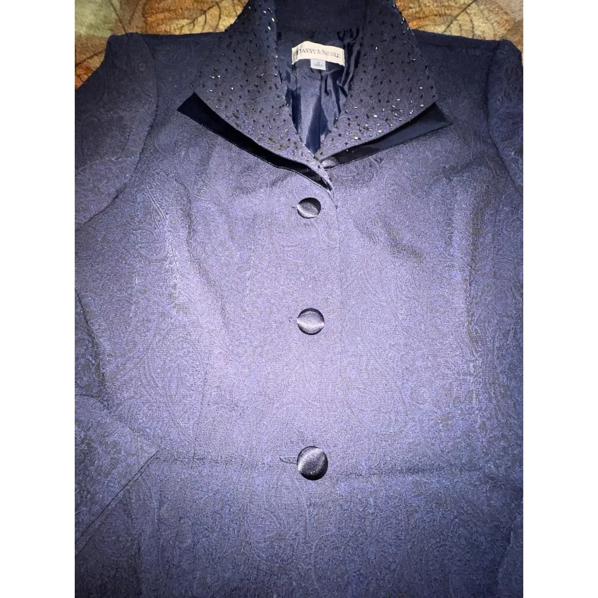 Danny & Nicole Navy Blue Paisley Beaded Collar Blazer 10 Secretary Corpcore - Image 3