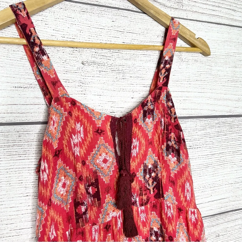 Red Boho Patterned Sleeveless Sun Dress Size Medium Casual Summer Travel - Image 3