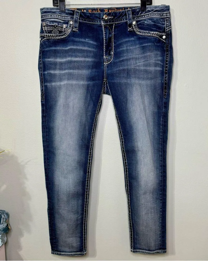 Rock Revival Barby Skinny Ankle Jeans Distressed Stretch Bling Size 34 - Image 2