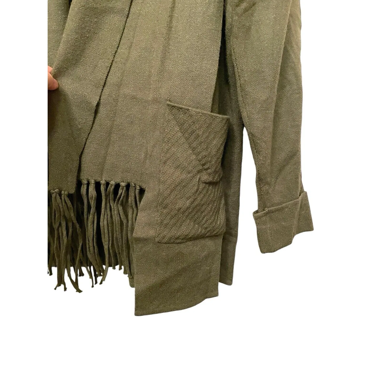 Magaschoni Open Fringe Cardigan Sweater Women Size Large Olive‎ Green Western - Image 4