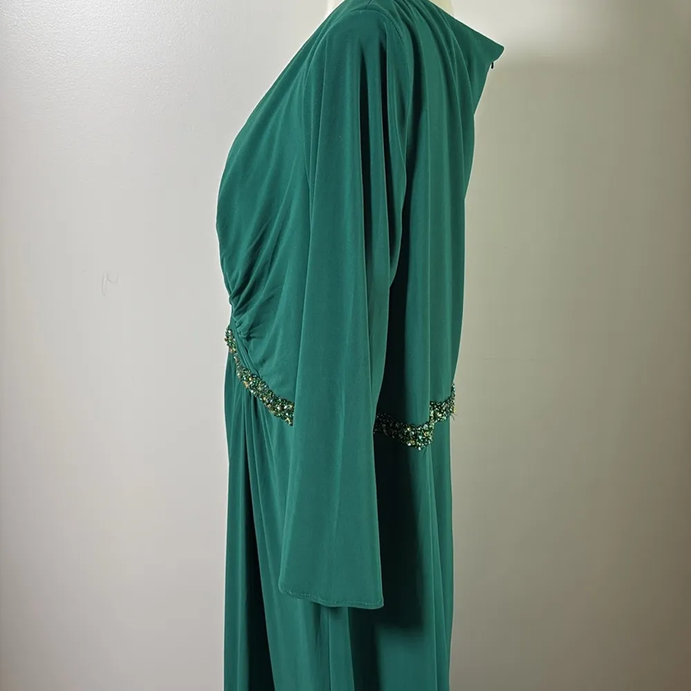 Mac Duggal Plus Size Beaded Belt Jersey Faux Wrap Long Sleeve Gown Green Size 24 - Image 7