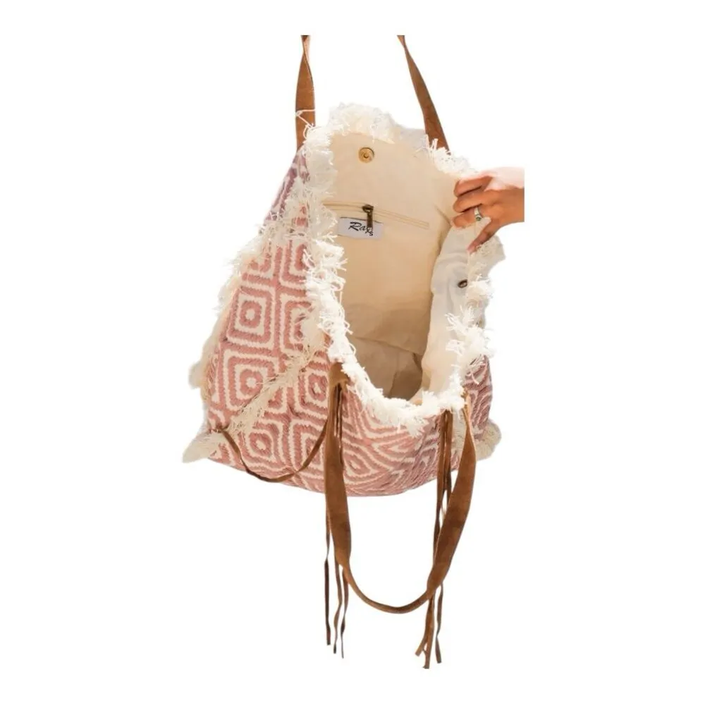 Anthropologie RAJ Mauve Tote Bag Boho Hippie Leather Fringe Pink - Image 4