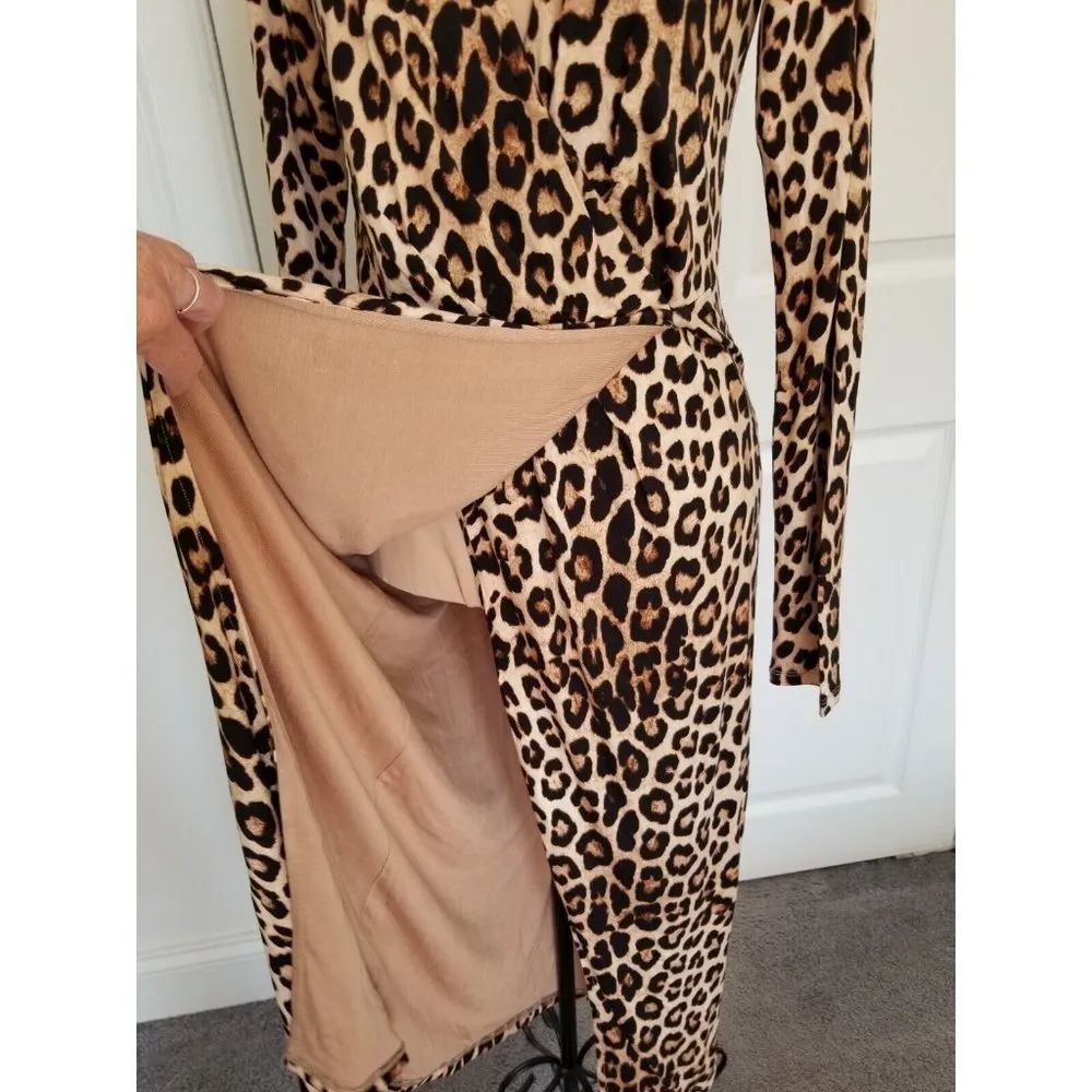 Good American Good Leopard Long Sleeve Knit Jersey Wrap Midi Dress Size 1 (S) - Image 9