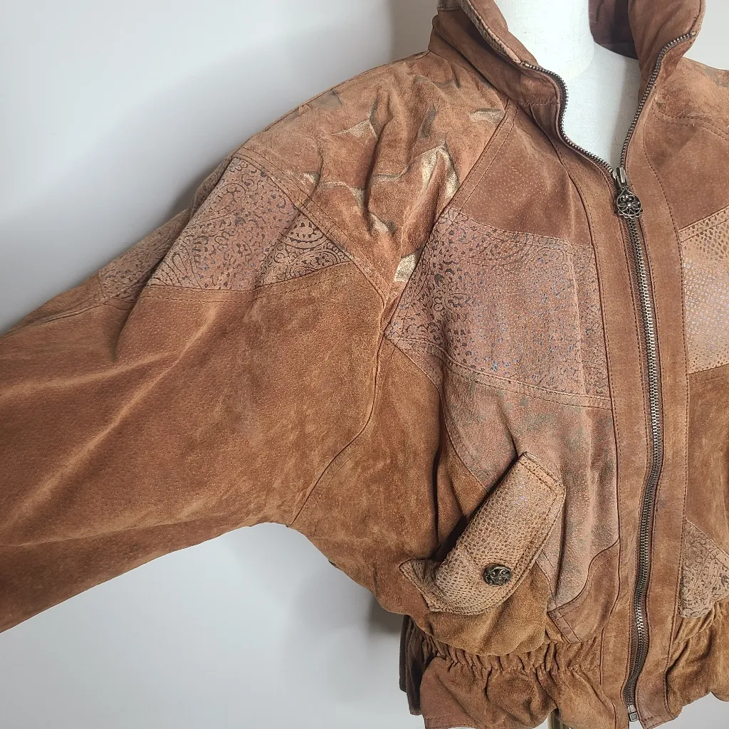 Vintage WINLIT 80s Leather Patchwork Print Bomber Jacket Coat Size‎ S Brown - Image 7