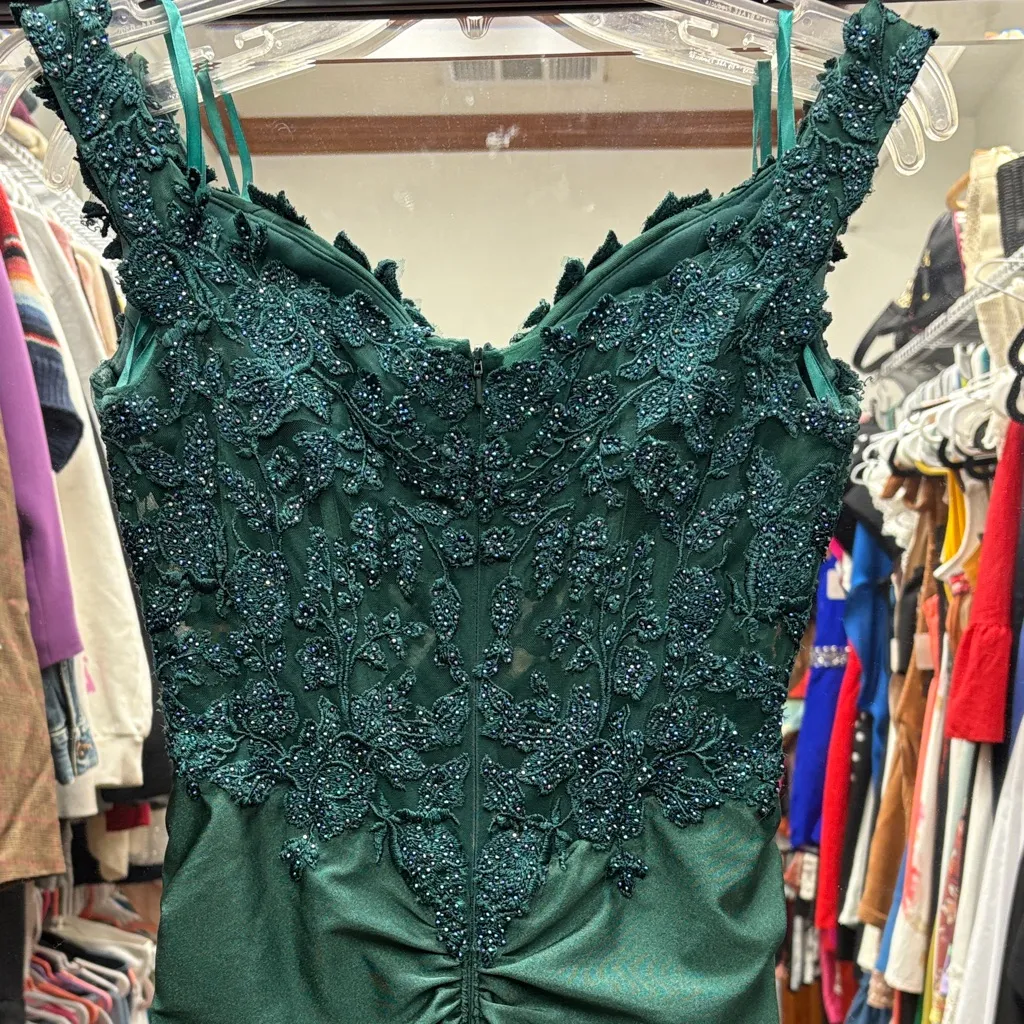La Femme Dark Green Lace embroidered Dress - Image 4