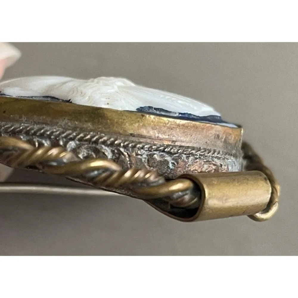 Antique Shell Carved Cameo Brooch of Godess Psyche Blue Background Large - Image 4