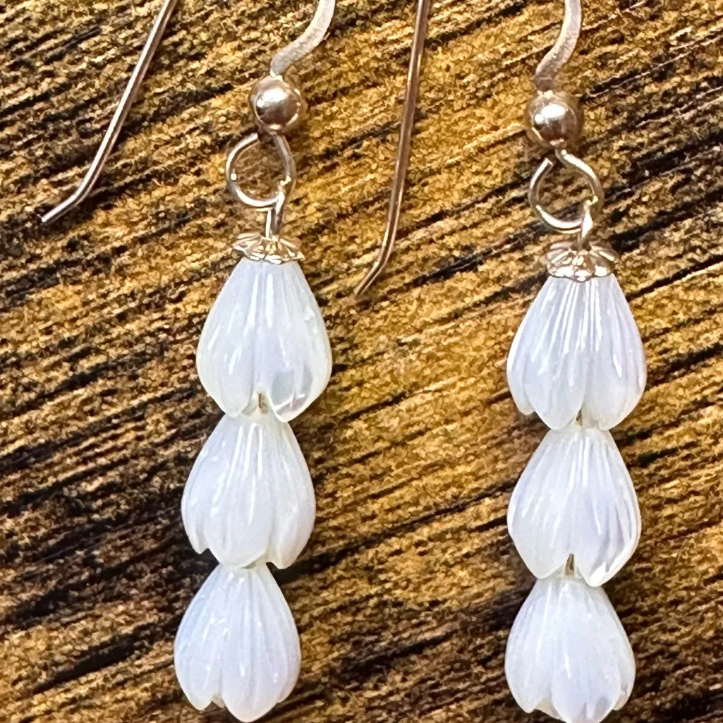 Handmade Mother of Pearl Pikake Flower Beaded Drop Gold Filled Earrings - Image 4