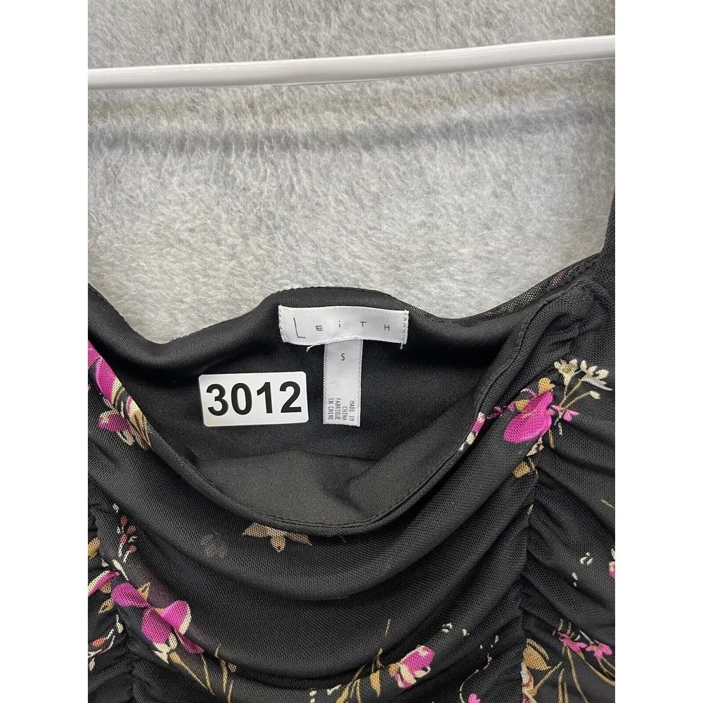 Leith Women's Dress Ruched Front Long Sleeve Sheer Black Floral Size Small - Image 10