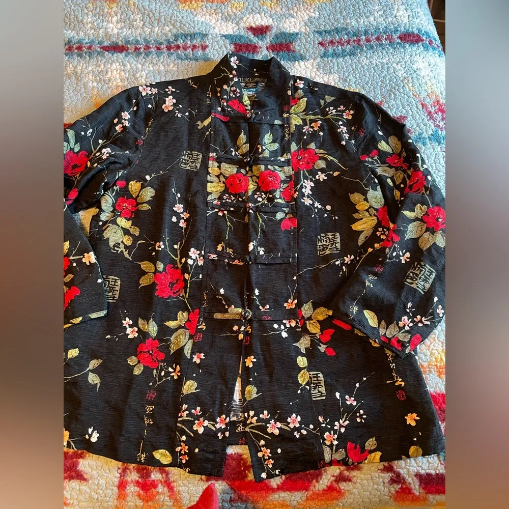 Silkland Women's Shirt Long Sleeve Kimono Top Black Red Beaded Flowers Silk Sz M Size M - Image 2