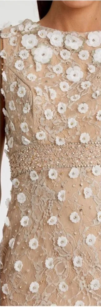 Mac Duggal 67853 Womens Neutral Floral Applique Sleeveless Midi Dress - Image 2