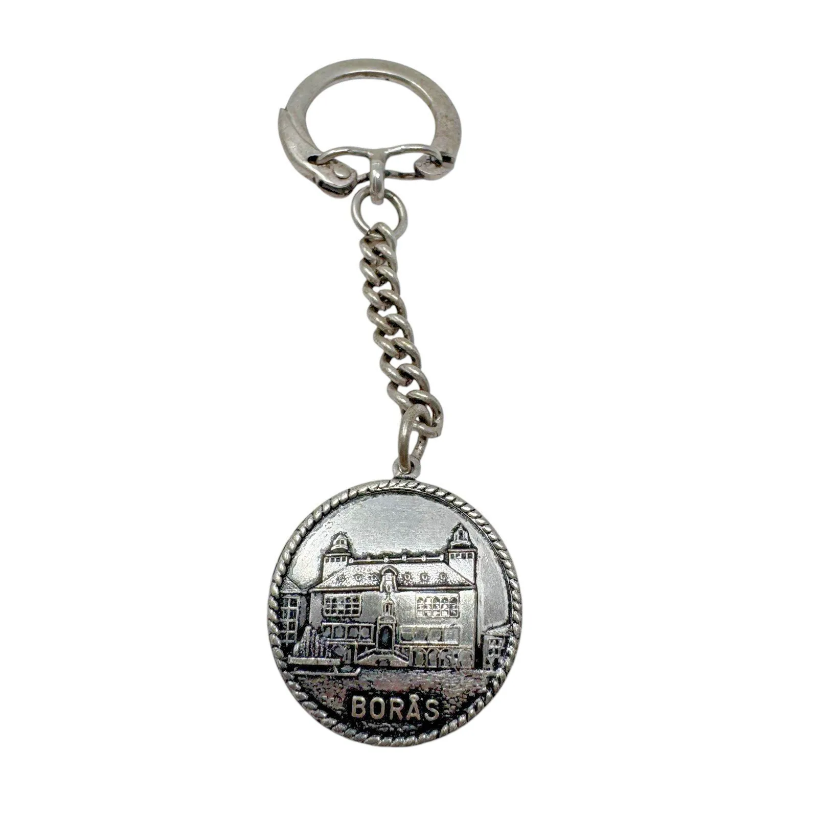 Vintage BORÅS Sweden Souvenir Keychain Metal Medallion 3” Travel Collectible - Image 2