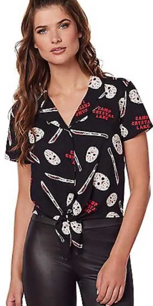 Friday The 13Th Chic Black and Red Graphic Button Down Shirt XL - Image 2