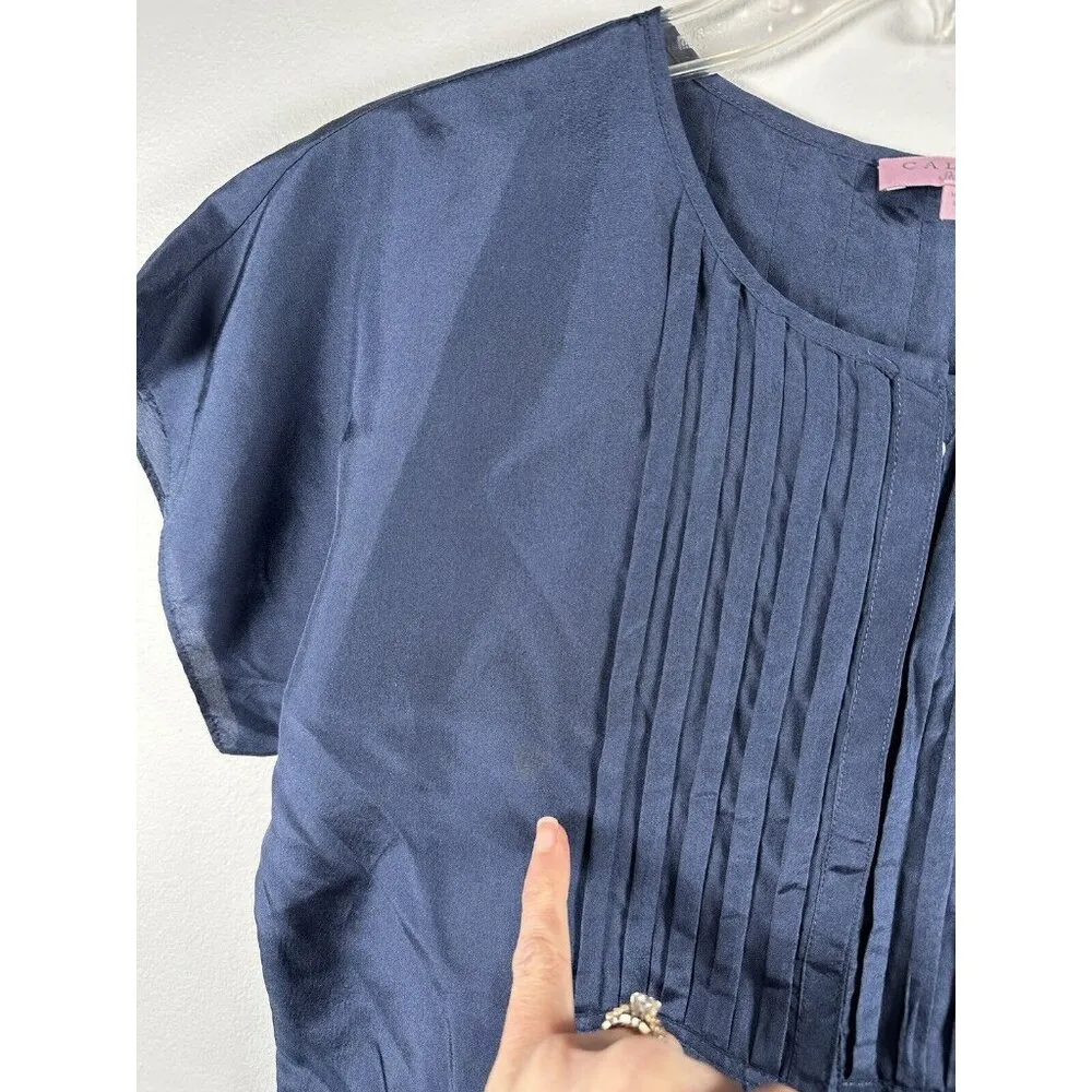 Calypso St Barth Womens Top Size XS Navy Blue Short Sleeve Ruched Silk Shirt - Image 10