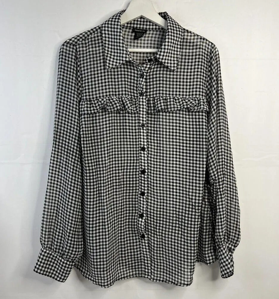 Torrid Women’s Plus 0X Blouse Gingham Ruffled Semi Sheer Black White Long Sleeve - Image 3