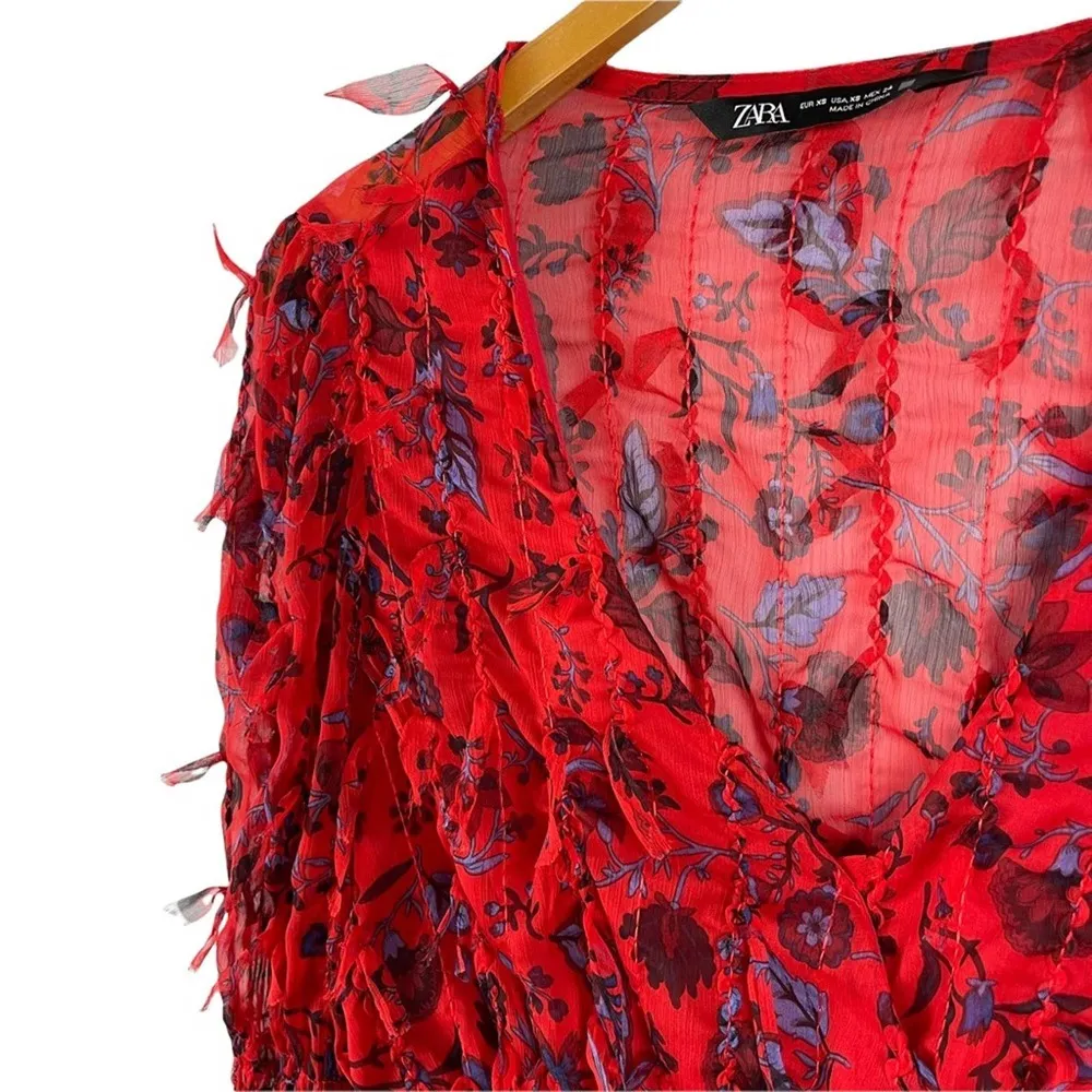 Red Floral Smocked Sheer Blouse Zara Fringing Cropped Top Long Sleeve Size XS - Image 10