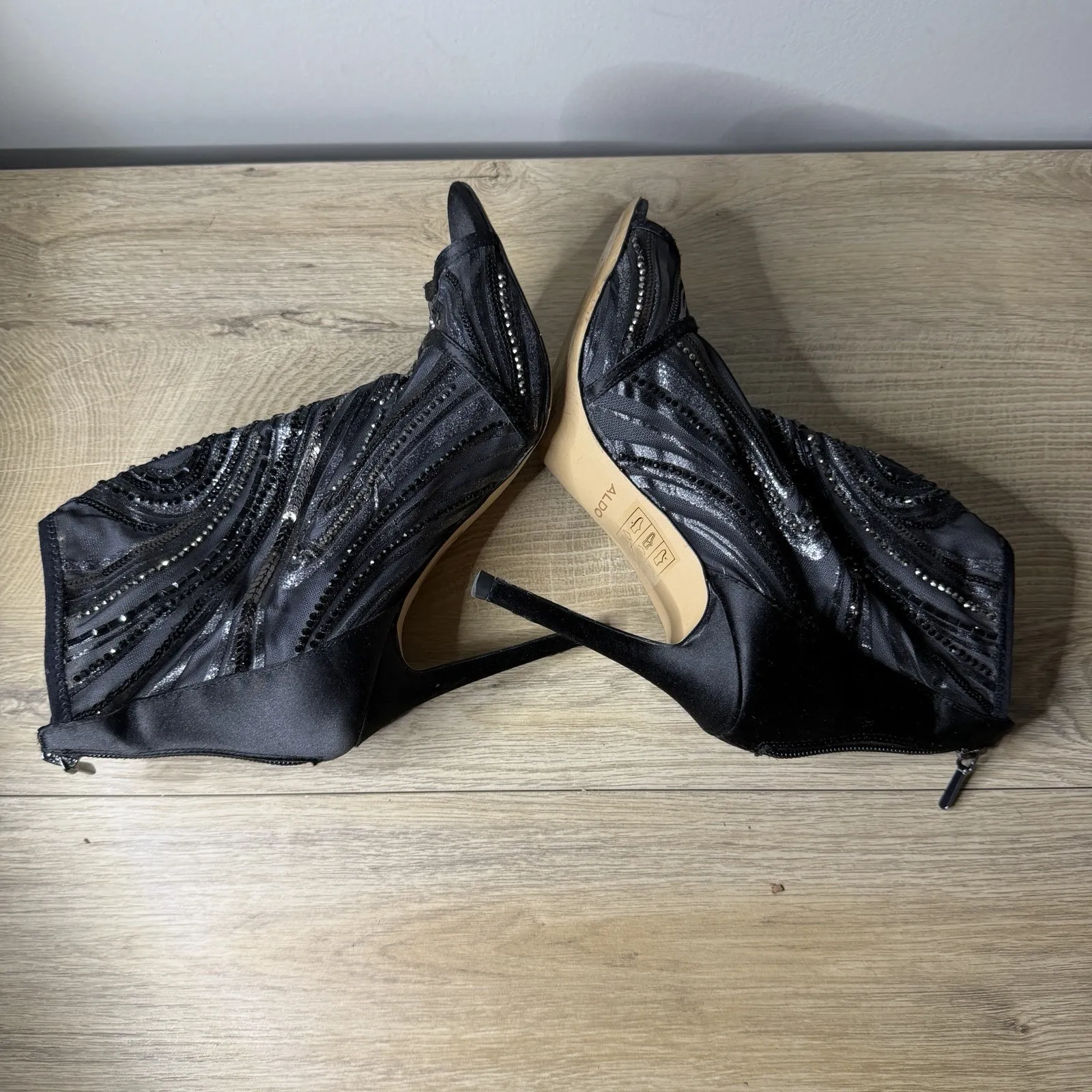 Aldo Heels Womens Size 7 Black Sequin Mesh Peep Toe Stiletto Ankle Boots Party - Image 6