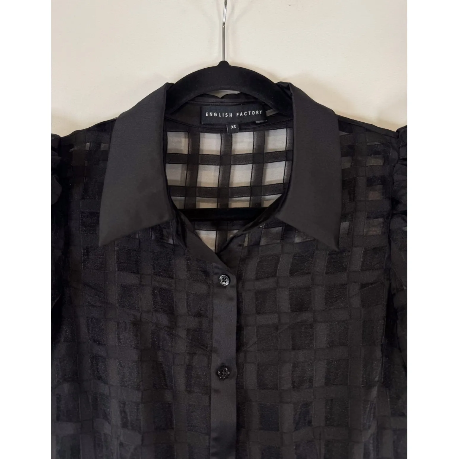 English Factory Dress Black Gridded Organza Tiered Maxi Puff Sleeve Fit Flare XS - Image 6