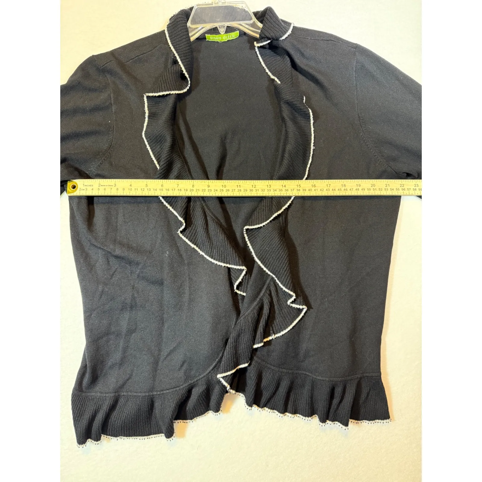 Sigrid Olsen Black Cardigan Ruffle Trimmed Knit Silk Blend Open Front Sweater - Image 7