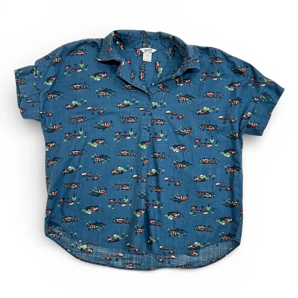 Duluth Trading Camper Camping Printmaker Lightweight Popover Shirt Size Medium Blue - Image 4