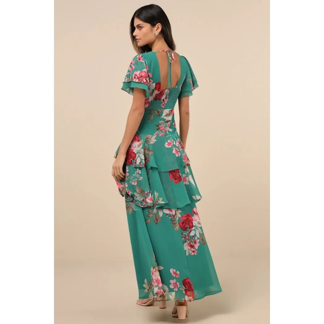 NWT Lulus Midnight Mood Teal Green Floral Print Tiered Maxi Dress Cruise Size L - Image 3
